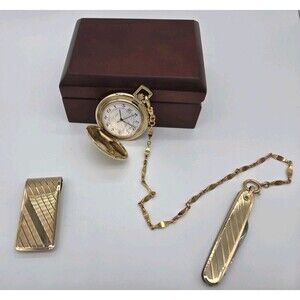 Vtg 1986 Colibri 4cm Pocket Watch Knife Set w/ Chain Money Clip New Battery